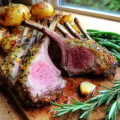 Saftig lammracks med örtpanering, serverad med rostade potatisar, haricots verts och vitlök. Ett perfekt lammracks recept för en festmåltid.