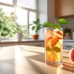 Ett glas persikote med is och färska persikobitar, perfekt för ett iste recept. Två persikor ligger bredvid på träbordet.