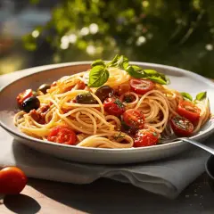 En tallrik med god pasta, körsbärstomater, oliver och basilika, serverad utomhus i solljus.