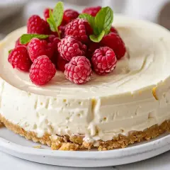 En krämig cheesecake med hallon och mynta på toppen. Perfekt som en fryst dessert.