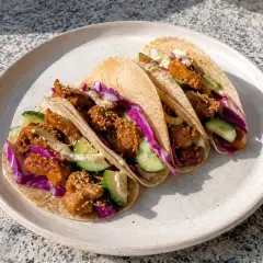 Tre läckra tacos med krispig fyllning, rödkål och gurka. Ett perfekt tacos recept för en snabb middag.