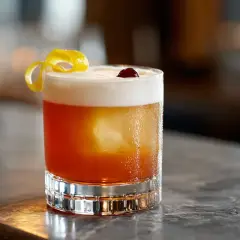 En Amaretto Sour med skummig topp, citronskal och körsbär. Perfekt för en avslappnad kväll.