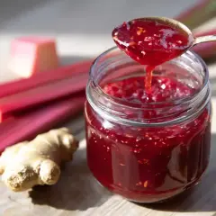 En burk med rabarbersaft, perfekt för ett somrigt rabarbersaft recept. Färska rabarber och ingefära ligger bredvid.