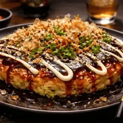 En läcker okonomiyaki med sås, majonnäs, sesamfrön och grön lök. Perfekt för ett okonomiyaki recept!