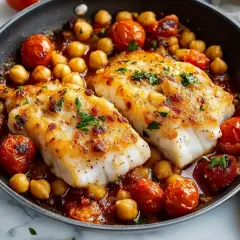 Två saftiga filéer av vit fisk serveras i en panna med körsbärstomater och kikärtor, toppad med färsk persilja.