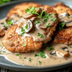 Krispiga schnitzlar med krämig svampsås och persilja. Ett klassiskt schnitzel recept som passar perfekt till middagen.