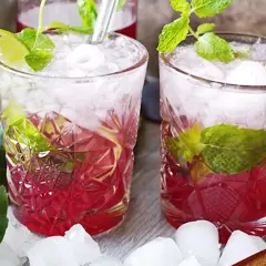 Två glas med rabarber mojito, is, mynta och lime. En uppfriskande sommardrink.
