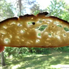 En skiva ljust bröd, perfekt för att baka levain utan surdeg. Den har stora, luftiga hål och en gyllene skorpa.