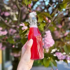 En hand håller en flaska med en bubblig rabarberdrink. Bakgrunden är en blommande körsbärsträd med rosa blommor.