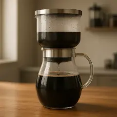 En kaffebryggare i glas med en metallbehållare ovanpå, där kaffe droppar ner i kannan. Perfekt för att koka kaffe i kastrull.