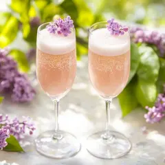 Två glas bubbel med syrenblommor, perfekt för ett syrensirap recept.