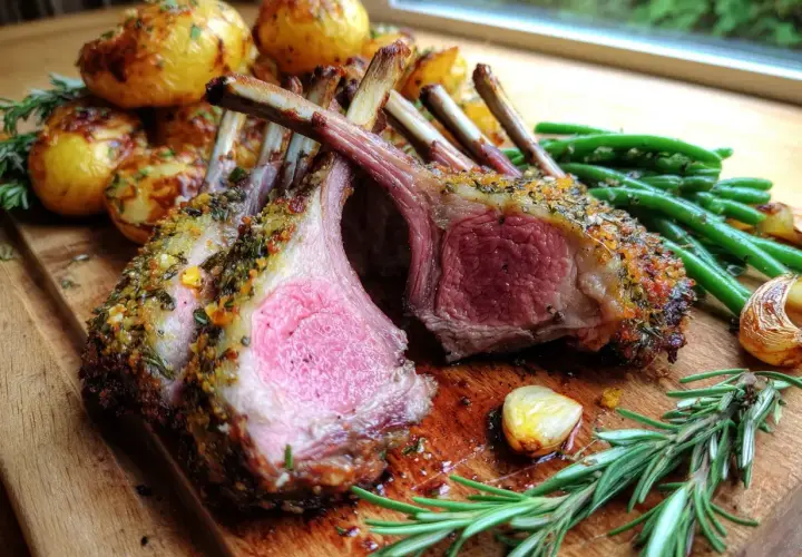 Saftig lammracks med örtpanering, serverad med rostade potatisar, haricots verts och vitlök. Ett perfekt lammracks recept för en festmåltid.