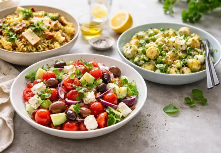 Tre skålar med kall sommarmat: en grekisk sallad, potatissallad och pastasallad. Perfekt för en varm dag.