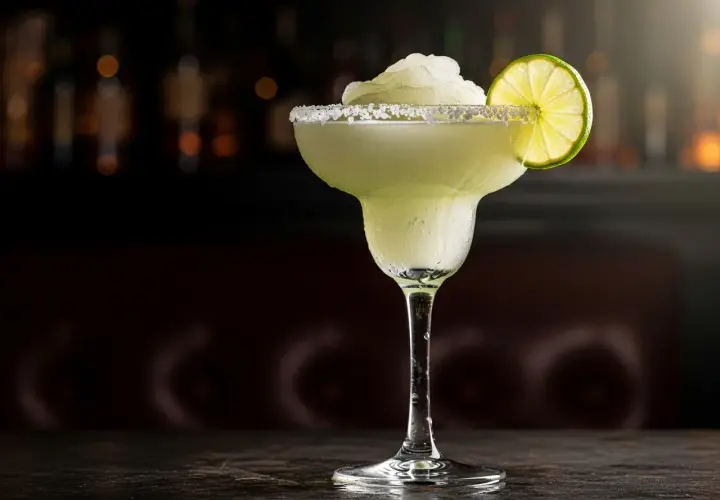 En iskall frozen margarita med saltkant och limeklyfta, perfekt för en varm sommardag.