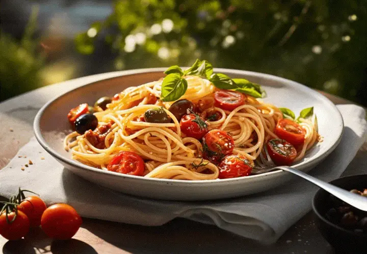 En tallrik med god pasta, körsbärstomater, oliver och basilika, serverad utomhus i solljus.