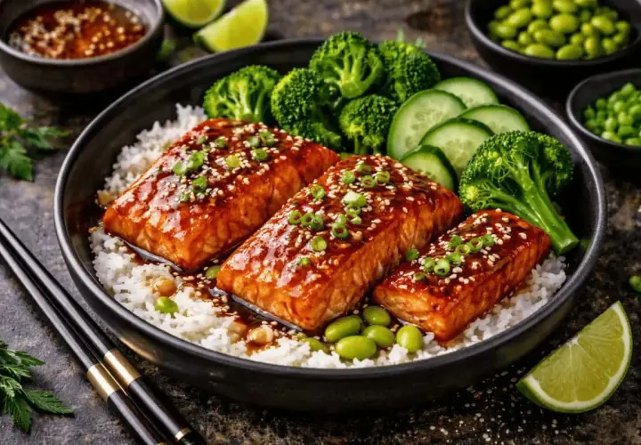 Tre saftiga bitar teriyaki lax serveras på en bädd av ris, med broccoli, gurka och edamamebönor. En läcker och hälsosam måltid.