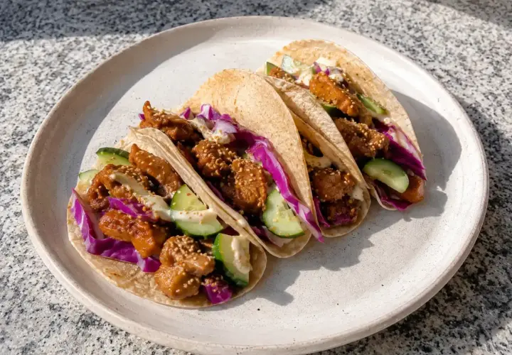 Tre läckra tacos med krispig fyllning, rödkål och gurka. Ett perfekt tacos recept för en snabb middag.