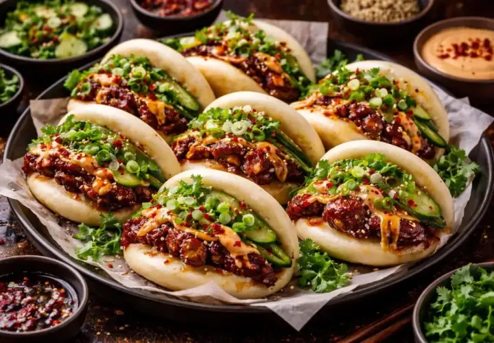 Läckra bao buns med fyllning av kött, gurka och grönsaker. Ett perfekt bao buns recept för en smakrik måltid.