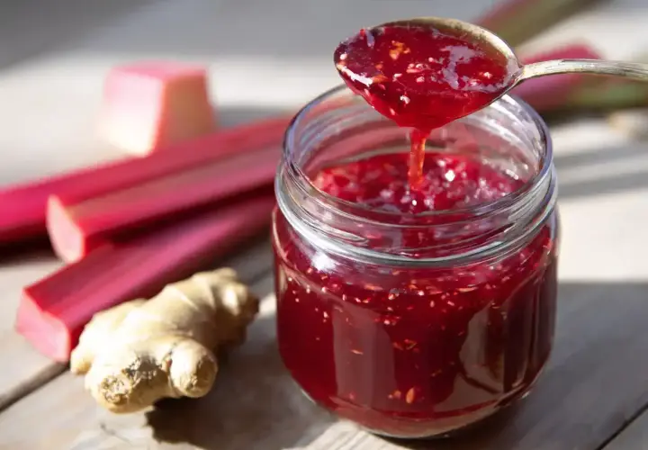 En burk med rabarbersaft, perfekt för ett somrigt rabarbersaft recept. Färska rabarber och ingefära ligger bredvid.
