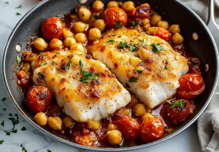 Två saftiga filéer av vit fisk serveras i en panna med körsbärstomater och kikärtor, toppad med färsk persilja.