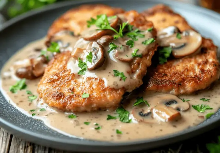 Krispiga schnitzlar med krämig svampsås och persilja. Ett klassiskt schnitzel recept som passar perfekt till middagen.