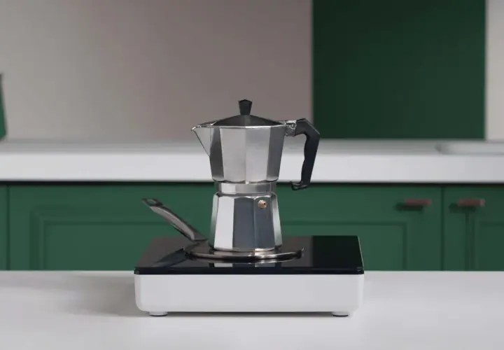 En mokkakanne står på en induktionshäll, redo att brygga kaffe.