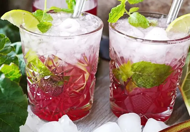 Två glas med rabarber mojito, is, mynta och lime. En uppfriskande sommardrink.