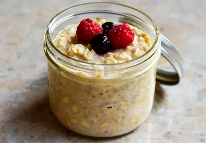 Overnight oats med proteinpulver i burk, toppad med hallon och blåbär. Perfekt för en snabb och näringsrik frukost.