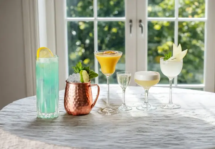 Fem olika drinkar, inklusive en blå, en gul med passionsfrukt och en vit med äpple, står uppradade. Perfekt för att njuta av goda vodka drinkar.