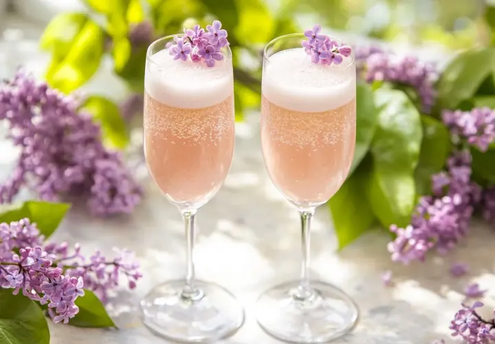 Två glas bubbel med syrenblommor, perfekt för ett syrensirap recept.