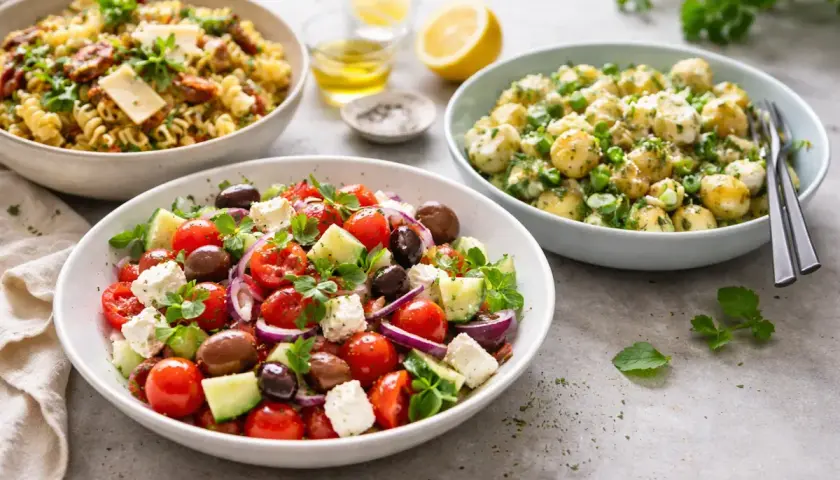 Tre skålar med kall sommarmat: en grekisk sallad, potatissallad och pastasallad. Perfekt för en varm dag.