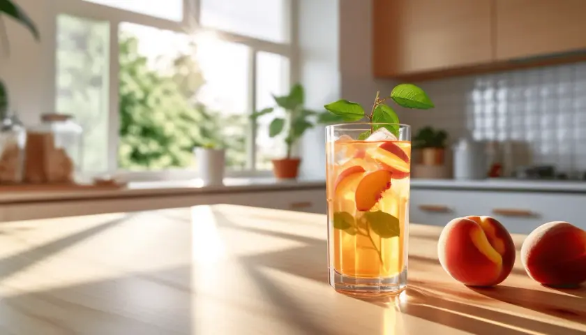 Ett glas persikote med is och färska persikobitar, perfekt för ett iste recept. Två persikor ligger bredvid på träbordet.