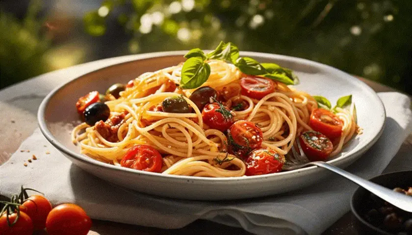 En tallrik med god pasta, körsbärstomater, oliver och basilika, serverad utomhus i solljus.