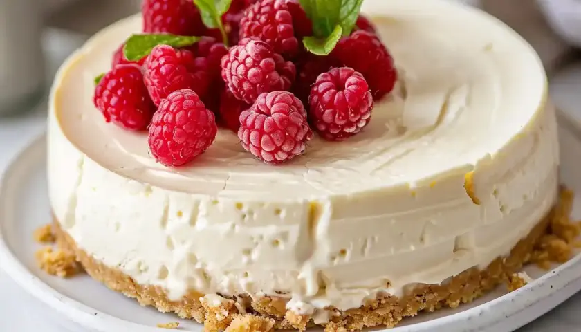 En krämig cheesecake med hallon och mynta på toppen. Perfekt som en fryst dessert.