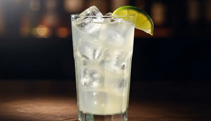 Ett glas med is och en limeklyfta, en uppfriskande cointreau drink.