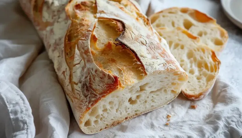 Nybakad ciabatta med krispig skorpa och luftig insida. Ett perfekt ciabatta durumvete recept för hemmabruk.