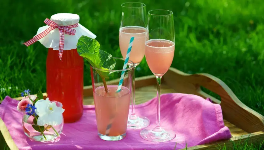 En flaska rabarberdrink och två glas prosecco på en bricka i gräset. En härlig sommardrink!