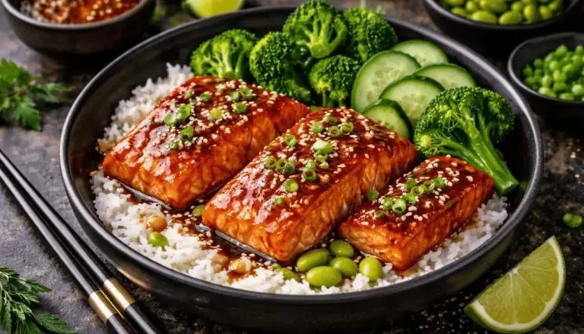 Tre saftiga bitar teriyaki lax serveras på en bädd av ris, med broccoli, gurka och edamamebönor. En läcker och hälsosam måltid.