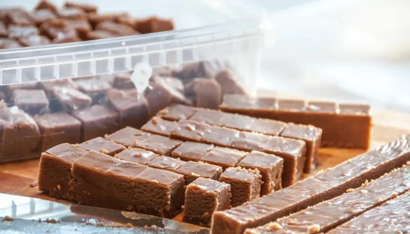 Fudge i en burk och uppskuren på ett bräde. Perfekt för ett enkelt fudge recept choklad.