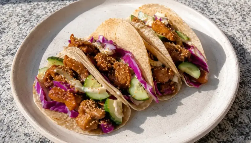 Tre läckra tacos med krispig fyllning, rödkål och gurka. Ett perfekt tacos recept för en snabb middag.