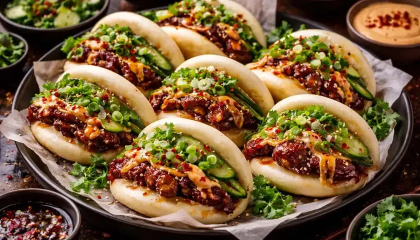 Läckra bao buns med fyllning av kött, gurka och grönsaker. Ett perfekt bao buns recept för en smakrik måltid.