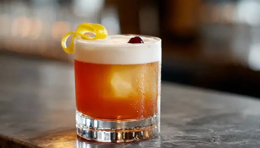 En Amaretto Sour med skummig topp, citronskal och körsbär. Perfekt för en avslappnad kväll.