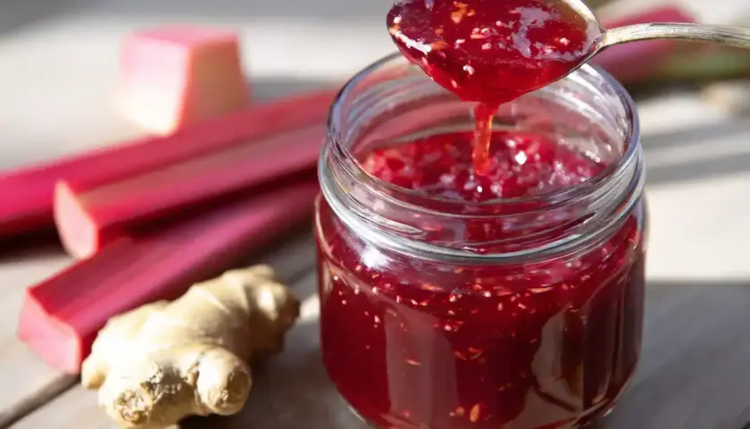 En burk med rabarbersaft, perfekt för ett somrigt rabarbersaft recept. Färska rabarber och ingefära ligger bredvid.