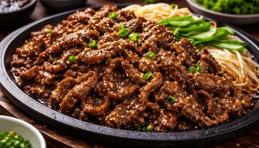 En portion saftig bulgogi, perfekt för ett hemlagat bulgogi recept. Serveras med nudlar och grönsaker.