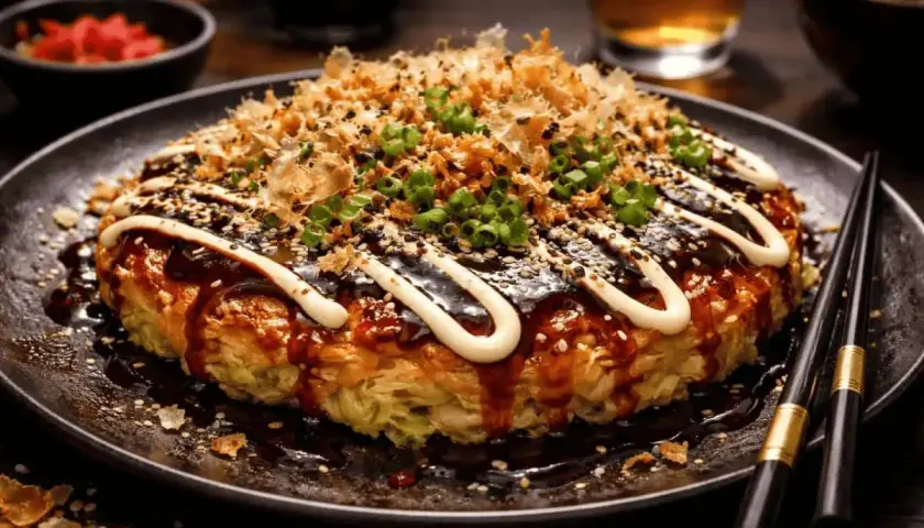 En läcker okonomiyaki med sås, majonnäs, sesamfrön och grön lök. Perfekt för ett okonomiyaki recept!