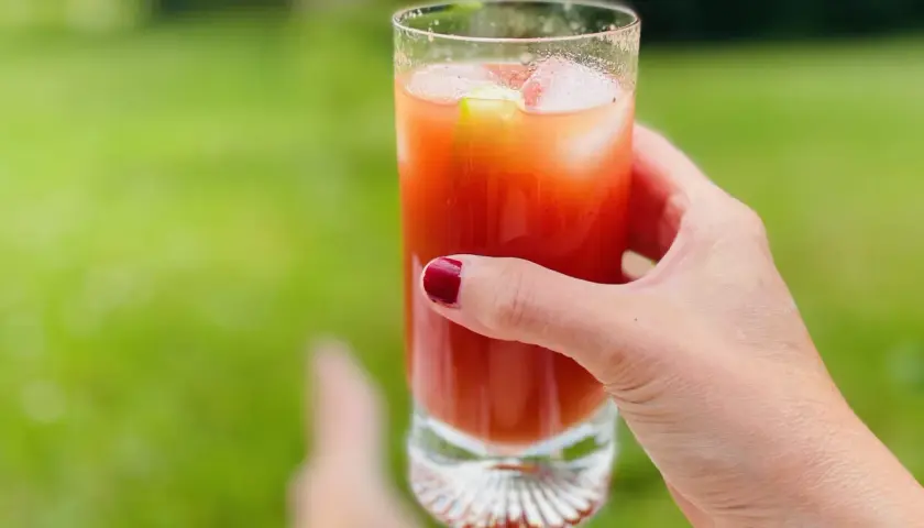 En hand håller ett glas med en röd drink, is och en gurkskiva. En perfekt bloody mary för en sommardag i trädgården.