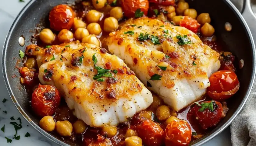 Två saftiga filéer av vit fisk serveras i en panna med körsbärstomater och kikärtor, toppad med färsk persilja.