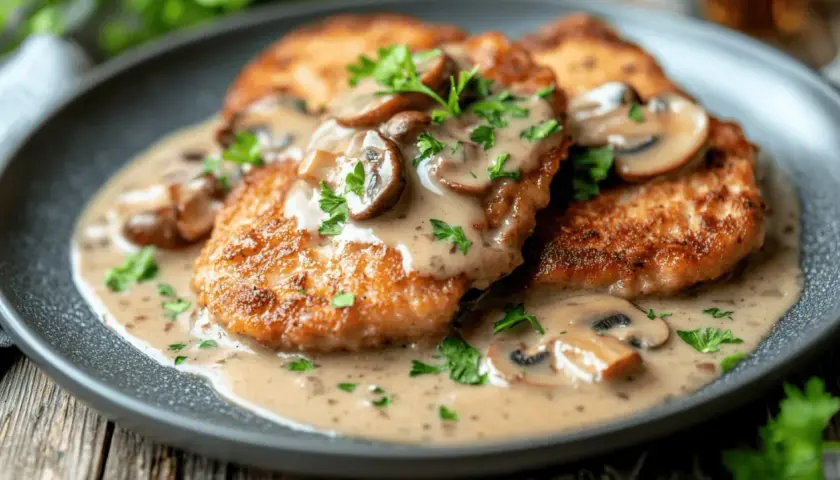 Krispiga schnitzlar med krämig svampsås och persilja. Ett klassiskt schnitzel recept som passar perfekt till middagen.