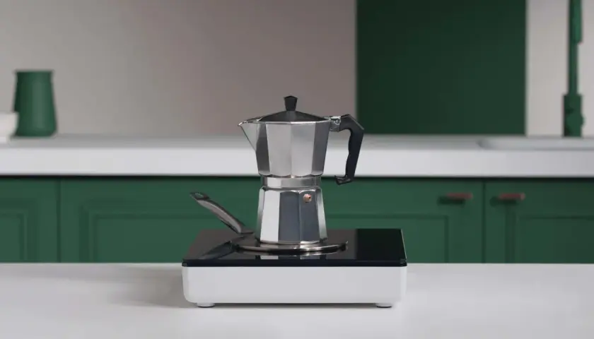 En mokkakanne står på en induktionshäll, redo att brygga kaffe.