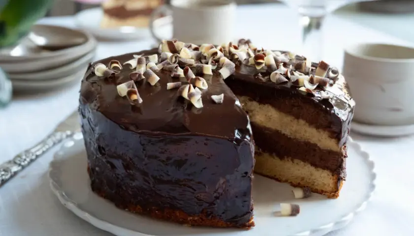 En läcker chokladtårta med blank chokladglaze till tårta, dekorerad med chokladlockar. En bit är uppskuren och visar lager av ljus och mörk fyllning.